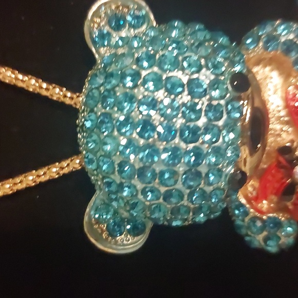 Betsey Johnson Gold Toned Blue Rhinestone Teddy Bear Red Heart Pendant Necklace - Picture 7 of 17